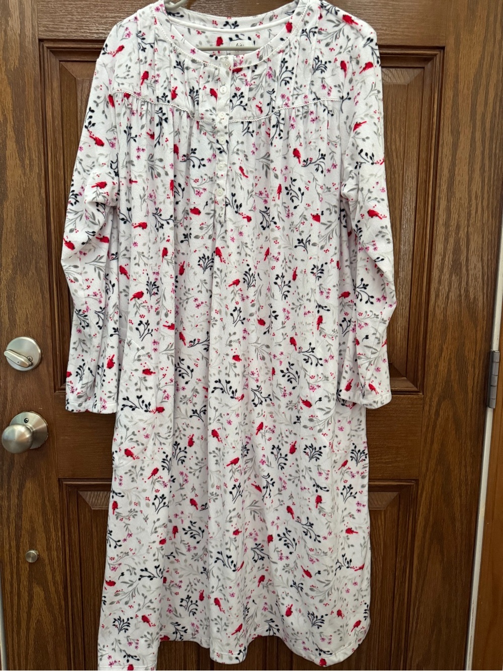 White Floral Button-Front Nightgown with Red Accent
